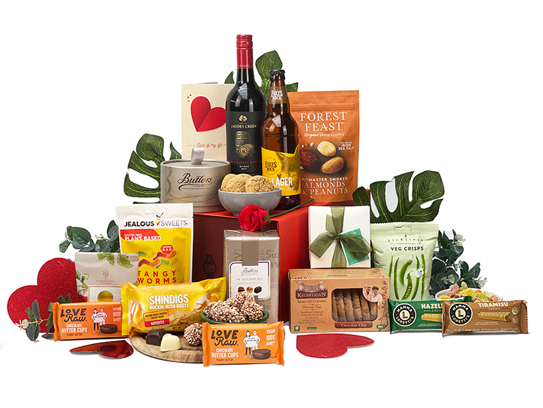 Mens boyfriend husband valentines gift with wine, lager, chocolates and snacks. 